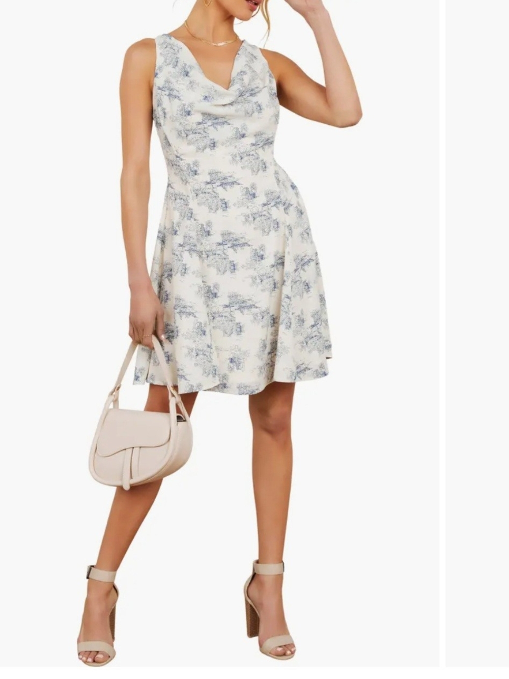 Vici Marybeth Toile Print Cowl Neck Floral Dress in Cream and Blue. Size Small